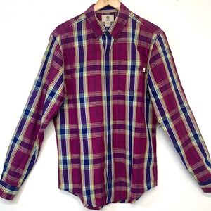 Timberland Plaid Button Down Shirt Purple Yellow Linen Cotton Blend Men Small